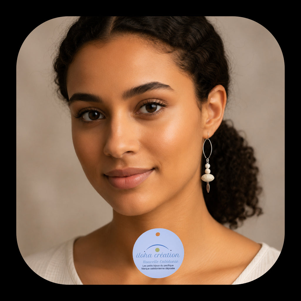Boucles d'oreilles TIARE 3 - Argent 925 & Pierre volcanique blanche