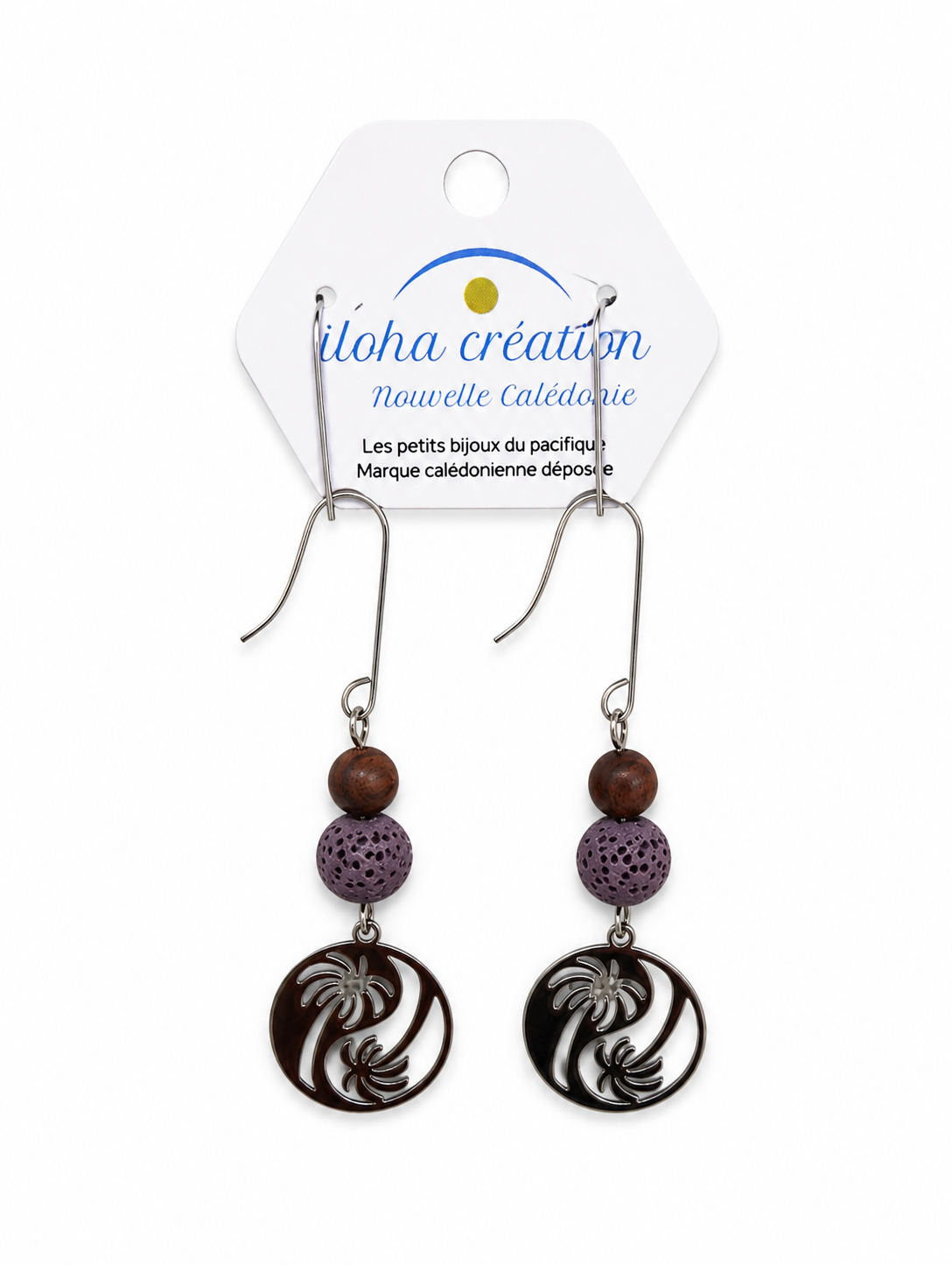 Boucles d'oreilles COCOTIER 2 avec pierre volcanique mauve Nouvelle Calédonie