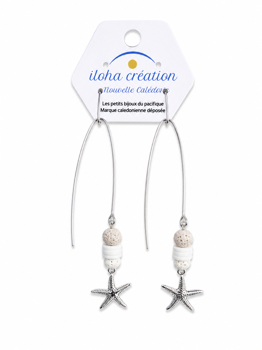 Boucles d'oreilles étoile de mer  longues – Pierre volcanique & graine – Nouvelle-Calédonie