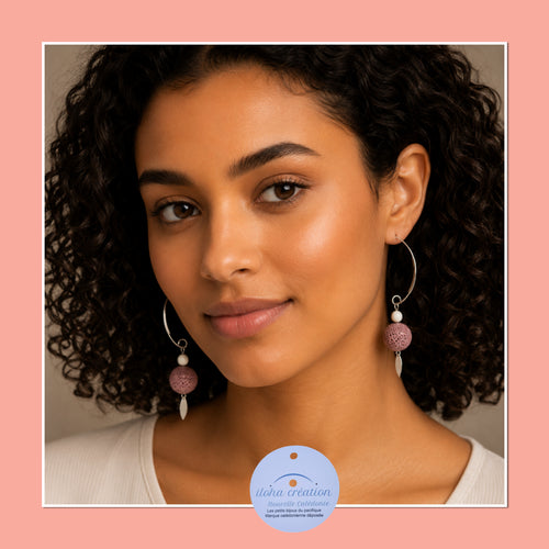 Boucles d'oreilles CASY 3 argent 925 & pierre volcanique rose