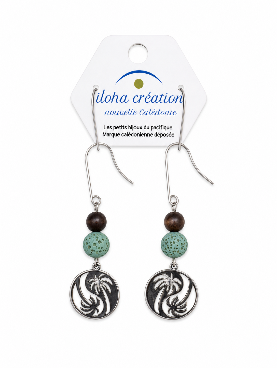 Boucles d'oreilles COCOTIER 1 & pierre volcanique verte -Nouvelle Calédonie