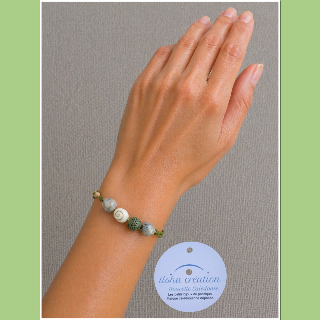 Bracelet spiral artisanal  Poe 4 pierre volcanique kaki