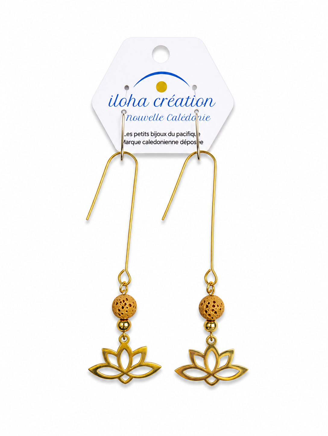 Boucles d'oreilles LOTUS 2- Pierre volcanique jaune - plaque or 18k -Nouvelle Calédonie