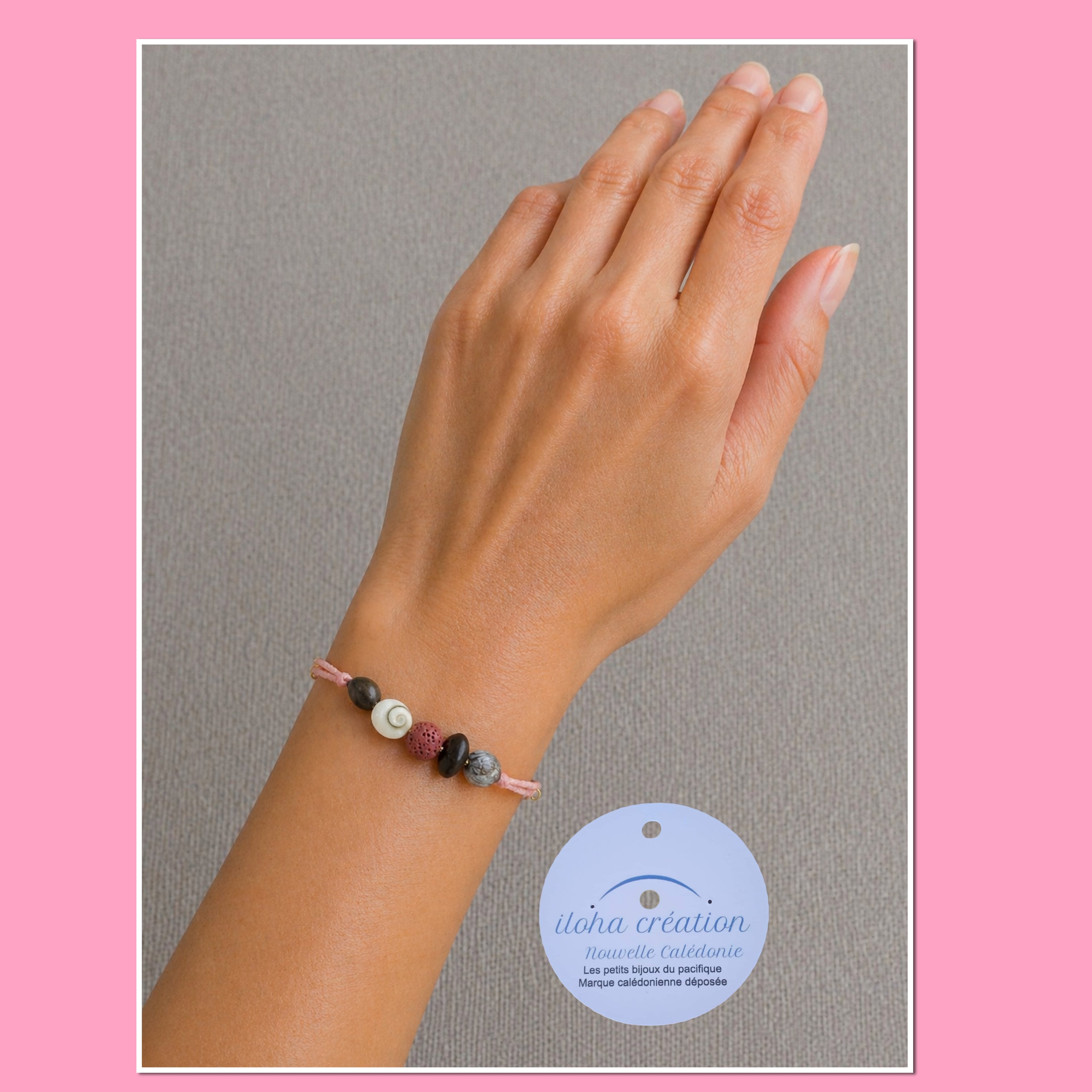 Bracelet spiral  artisanal POE 7 avec pierre volcanique rose foncé