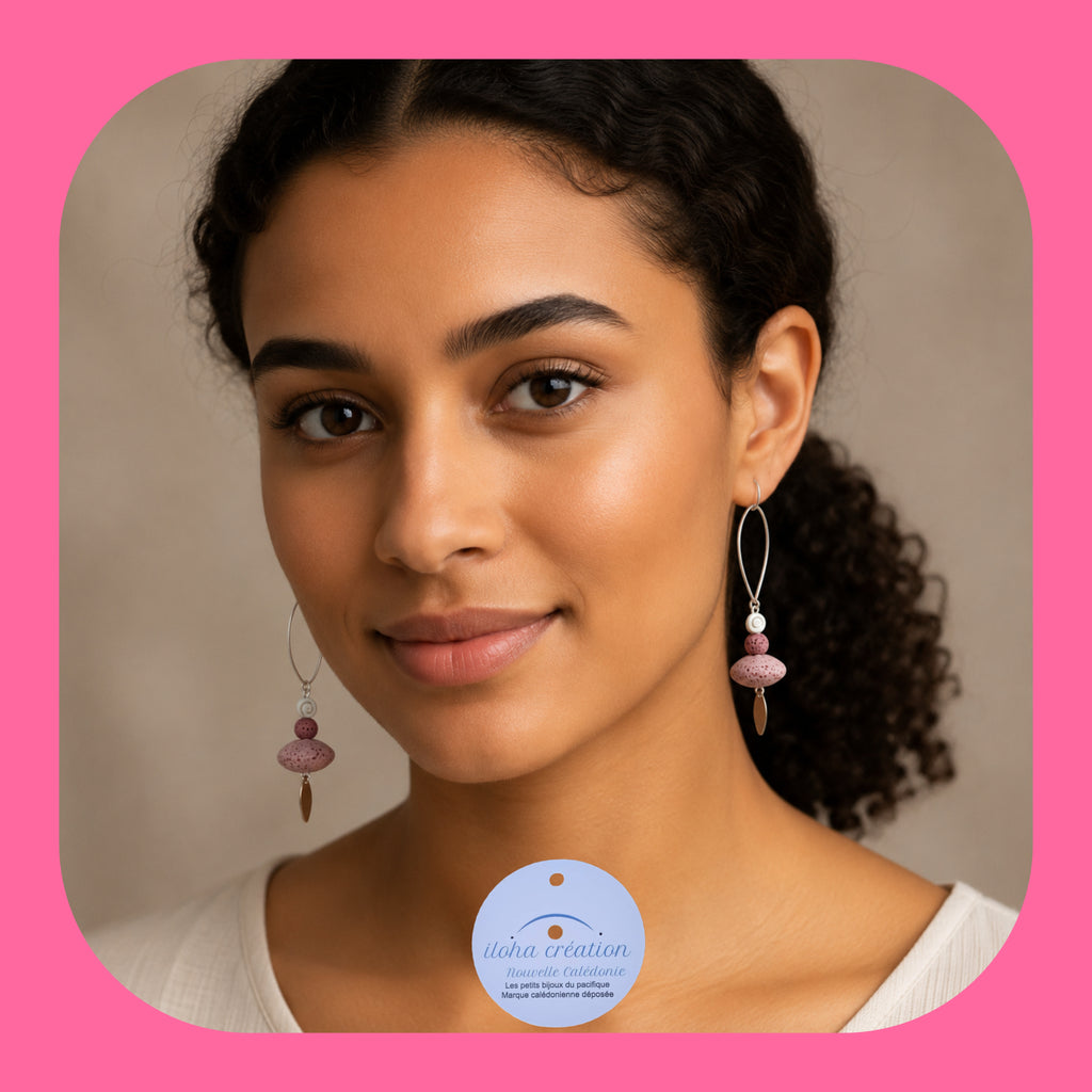 Boucles d'oreilles TIARE 5 - Argent 925 & Pierre volcanique rose