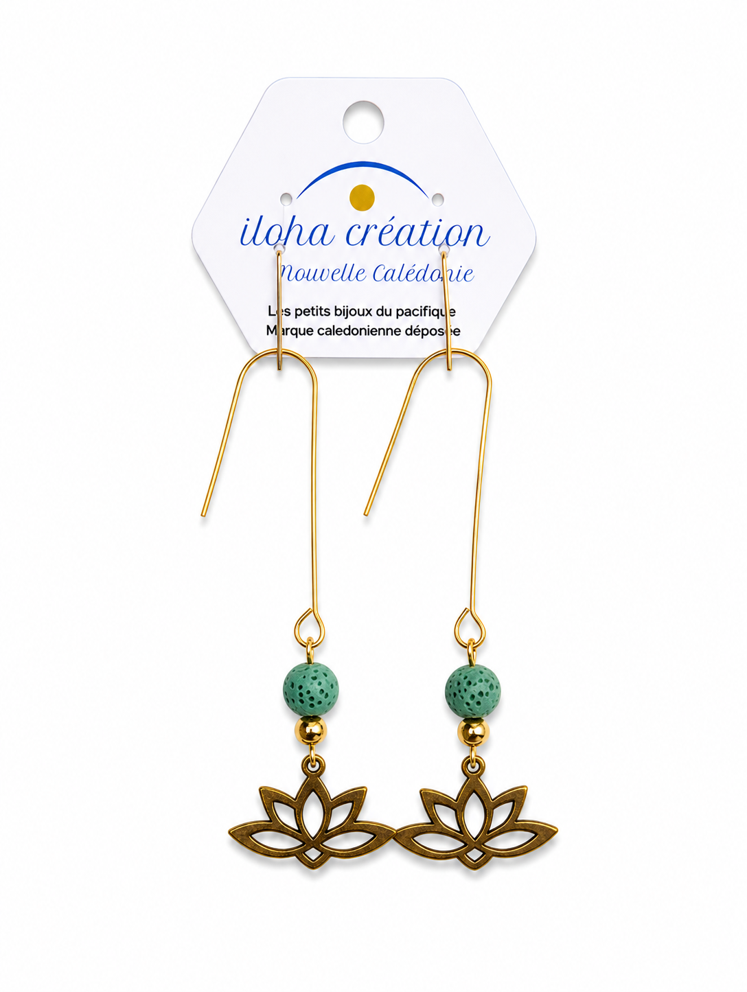 Boucles d'oreilles LOTUS 3 - Pierre volcanique verte - plaqué or - Nouvelle Calédonie