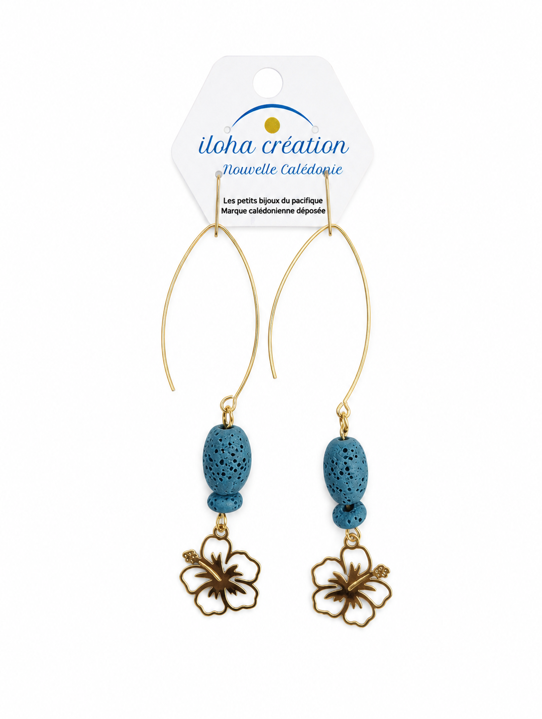 Boucles d'oreilles HIBISCUS 1 -Pierre volcanique turquoise  - gold filled 14k - bijou du pacifique