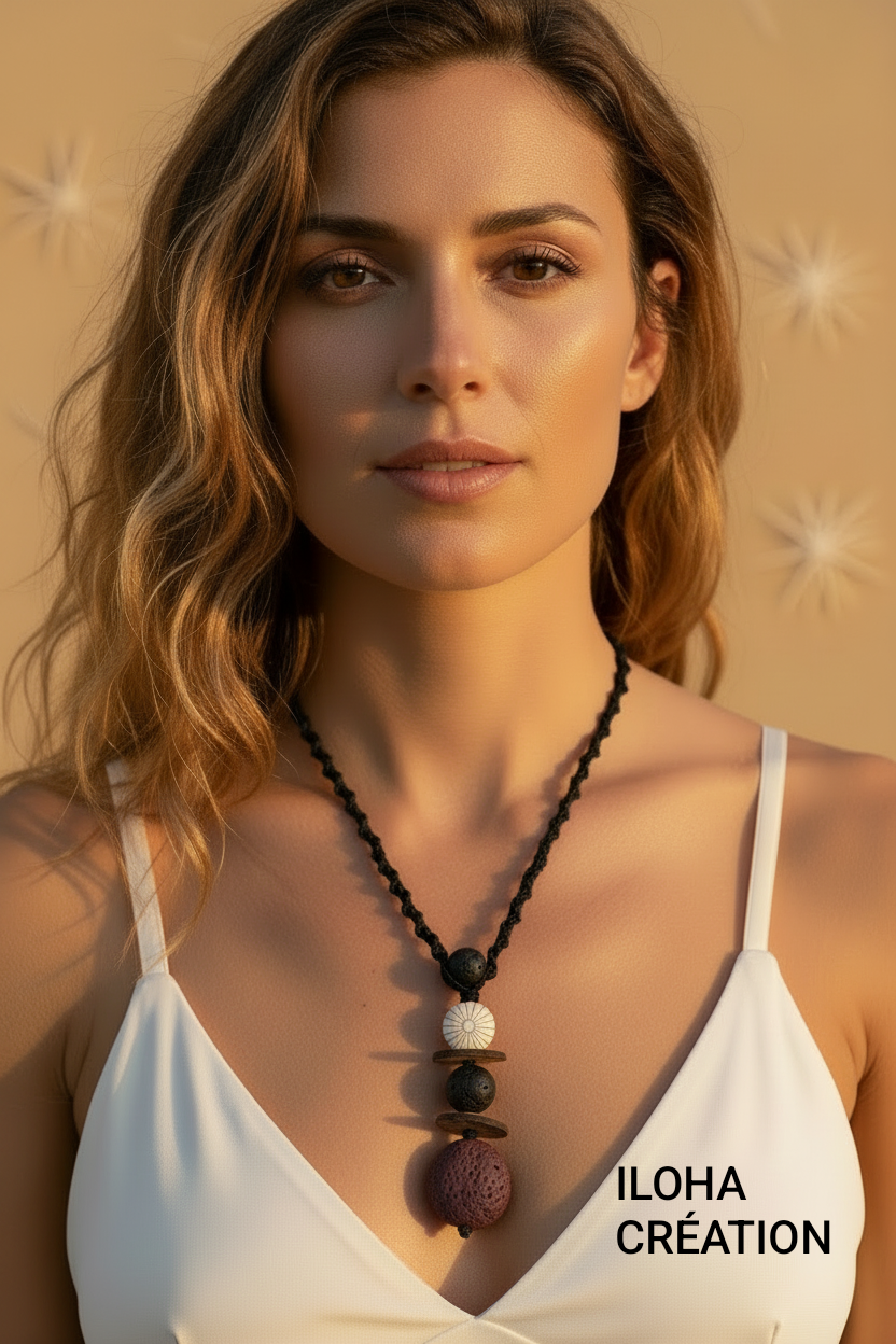 Collier YATE 5 pierre volcanique marron & empreinte d'oursin crayon avec sable de Nouvelle Calédonie
