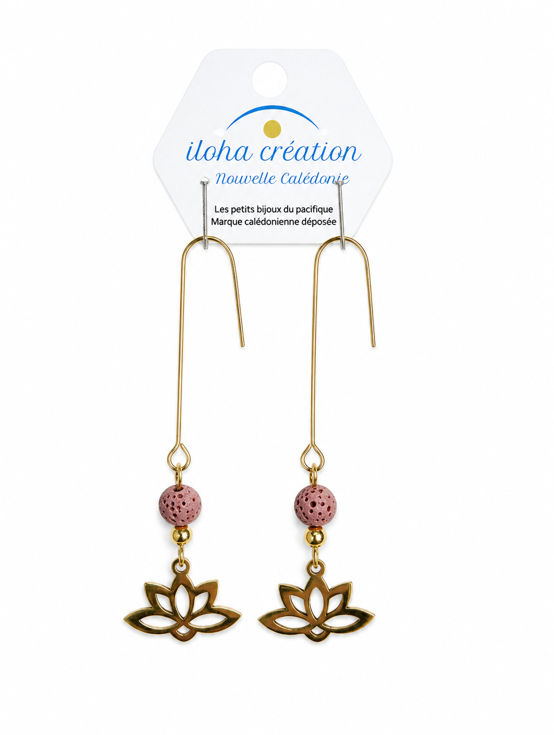 Boucles d'oreilles -LOTUS 1 - Pierre volcanique rose - plaqué or 18 k - Nouvelle Calédonie