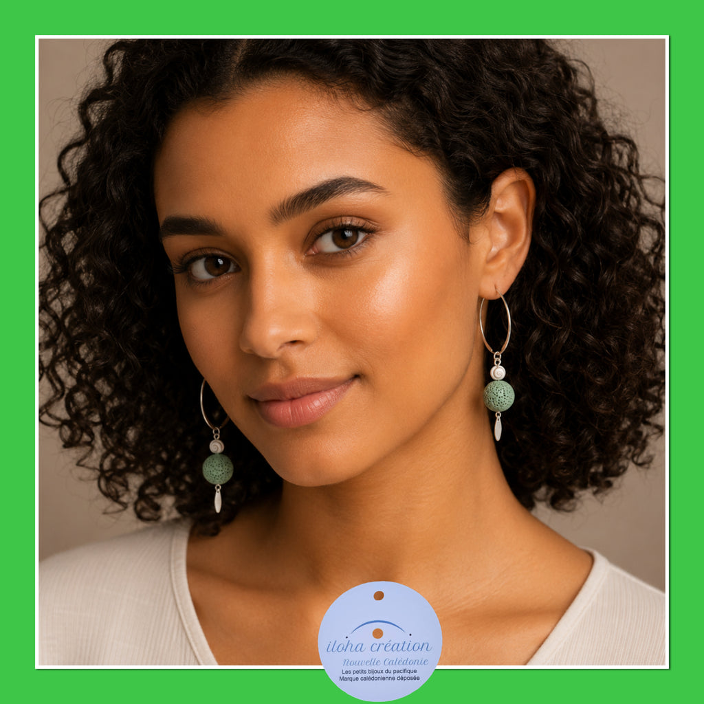 Boucles d'oreilles CASY 6 argent 925 & pierre volcanique verte