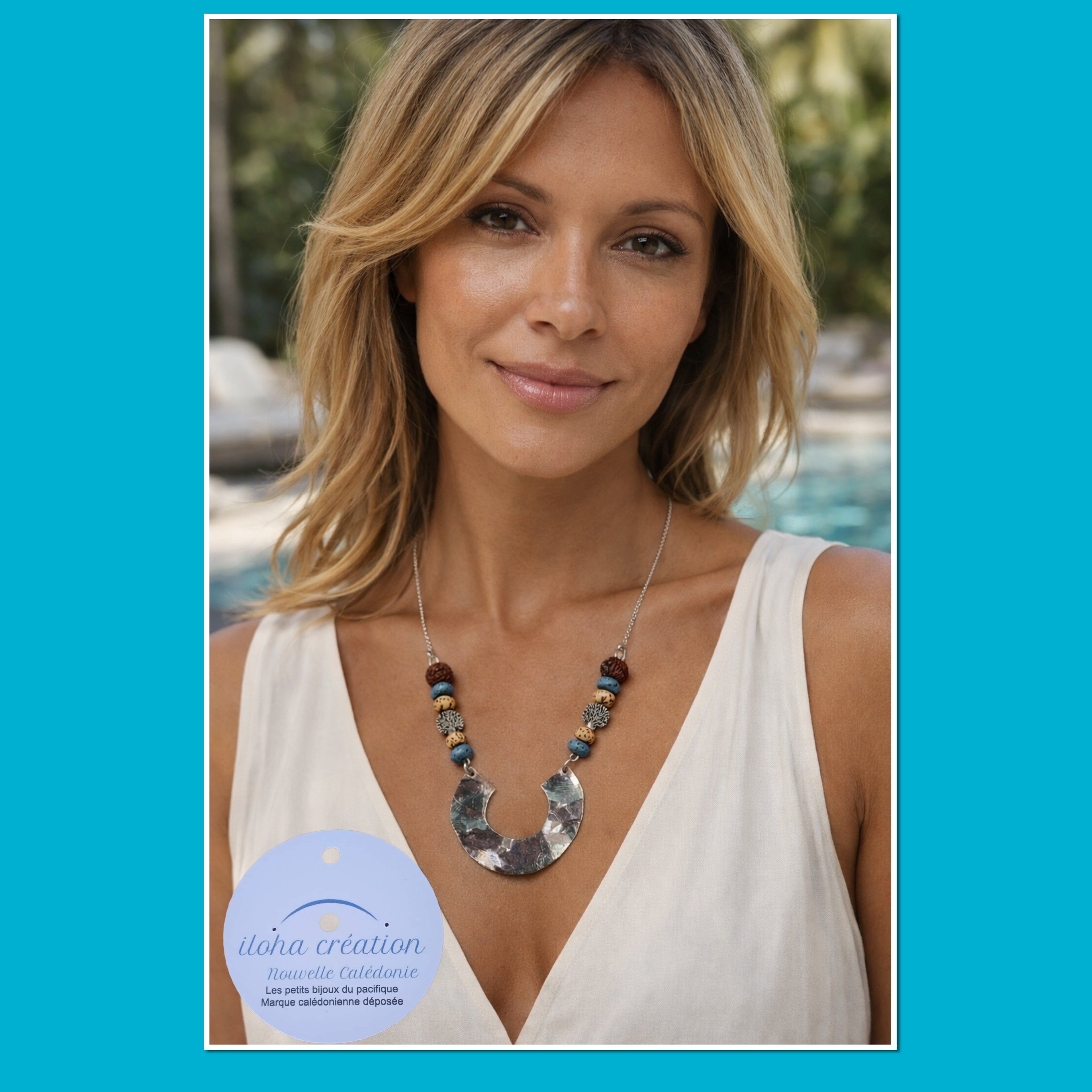 Collier Unique 5 argent & graines& pierre volcanique turquoise